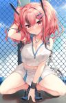  1girl :o arm_support arm_up armpits azur_lane bangs bare_legs bare_shoulders between_legs black_hair blue_footwear blue_sky blush breasts bremerton_(azur_lane) bremerton_(scorching-hot_training)_(azur_lane) chain-link_fence cleavage cloud collarbone collared_shirt commentary_request crop_top crop_top_overhang day eyebrows_visible_through_hair fence full_body green_skirt hair_between_eyes hair_intakes hair_ornament hairclip hand_between_legs hand_in_hair heart heart_necklace highres large_breasts long_hair looking_at_viewer midriff mole mole_under_eye multicolored_hair natsuki_marina navel nose_blush ocean outdoors pink_eyes pink_hair racket shadow shirt shoes sidelocks skirt sky sleeveless sleeveless_shirt sneakers solo sportswear squatting streaked_hair sweat tennis_racket tennis_uniform twintails two-tone_hair two-tone_shirt two-tone_skirt wet wet_clothes wet_shirt white_shirt white_skirt wristband x_hair_ornament 