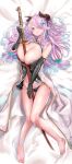  absurdres aritsuno asymmetrical_gloves bare_legs barefoot black_footwear black_gloves blue_eyes bottomless braid breasts dakimakura demon_horns draph feet gloves granblue_fantasy hair_over_one_eye highres horns katana large_breasts lavender_hair long_hair low_tied_hair narmaya_(granblue_fantasy) panties pointy_ears purple_hair single_braid single_thighhigh sleeveless sword thighhighs underwear weapon 