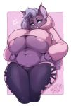  2020 anthro areola areola_slip belly big_breasts blue_eyes breasts clothed clothing curvy_figure deep_navel digital_media_(artwork) english_text eyelashes felid feline female front_view fur grin hair hand_on_hip hi_res hoodie huge_breasts kaja_(breadcatte) lynx mammal midriff navel purple_body purple_fur purple_hair secretly_saucy slightly_chubby smile solo text thick_thighs topwear under_boob voluptuous wide_hips 