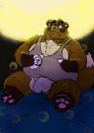  2020 anthro belly blush brown_body brown_fur bulge canid canine clothing daich fur kemono male mammal night outside overweight overweight_male raccoon_dog shirt sitting solo tanuki topwear underwear 