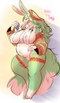  2020 anthro armwear belly big_breasts big_tail bottomless bra breasts clothed clothing curvy_figure detached_sleeves dipstick_tail eyes_closed featureless_crotch female fluffy fluffy_tail food fruit fur grape green_body green_fur green_hair hair hindpaw holding_food holding_object huge_breasts kemono lagomorph legband leporid long_ears long_hair mammal multicolored_body multicolored_fur multicolored_tail navel neck_tuft ni_jikan nipple_outline outie_navel paws plant pregnant rabbit simple_background solo standing tuft two_tone_body two_tone_fur underwear voluptuous wavy_hair white_body white_fur wide_hips 
