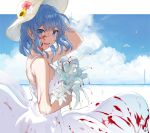  1girl blood blood_on_face bloody_clothes blue_eyes blue_hair blue_sky bouquet breasts cloud dress empty_eyes flower hat hews_hack highres hololive horizon hoshimachi_suisei sky sleeveless sleeveless_dress solo suisei_channel sun_hat sundress virtual_youtuber 