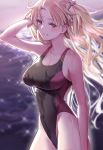  1girl alternate_costume arm_at_side bangs black_swimsuit blonde_hair breasts cleavage commentary_request competition_swimsuit ereshkigal_(fate/grand_order) evening fate/grand_order fate_(series) hair_flip hair_ornament hair_scrunchie highleg highleg_swimsuit highres hyury impossible_clothes long_hair looking_at_viewer one-piece_swimsuit parted_bangs red_eyes scrunchie solo standing swimsuit two_side_up very_long_hair water wet wet_clothes wet_swimsuit white_scrunchie 