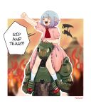  &gt;_&lt; 1boy 1girl armor artist_name bat_wings blue_hair blurry blurry_background brooch carrying clenched_hand closed_eyes doom_(game) doomguy dress english_commentary english_text fang flapping hell highres jewelry no_hat no_headwear open_mouth pink_dress pointy_ears praetor_suit red_footwear red_nails red_neckwear remilia_scarlet short_hair shoulder_carry speech_bubble touhou unamused white_legwear wings yoruny 