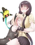  2girls absurdres bangs black_gloves black_hair black_skirt blonde_hair blush closed_eyes eyebrows_visible_through_hair fangs fingerless_gloves girls_frontline gloves heterochromia highres hug long_hair m4_sopmod_ii_(girls_frontline) mod3_(girls_frontline) multicolored_hair multiple_girls open_mouth physisyoon red_eyes red_hair ro635_(dinergate) ro635_(girls_frontline) short_sleeves simple_background skirt streaked_hair vest white_background white_hair yellow_eyes 