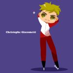  1boy :&gt; arms_behind_head blonde_hair blue_background character_name christophe_giacometti facial_hair green_eyes heart heart-shaped_pupils highres ice_skates kaorin_minogue male_focus skates smile sparkle symbol-shaped_pupils track_suit yuri!!!_on_ice 