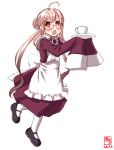  1girl absurdres ahoge alternate_costume apron artist_logo black_footwear bowl brown_dress brown_eyes commentary_request cup dated double_bun dress enmaided frilled_apron frills full_body glasses highres kanon_(kurogane_knights) kantai_collection long_sleeves looking_at_viewer maid makigumo_(kantai_collection) mary_janes open_mouth pantyhose pink_hair saucer shoes simple_background sleeves_past_fingers sleeves_past_wrists solo teacup twintails white_apron white_background white_legwear 