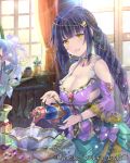  1girl :d bangs black_hair blunt_bangs bow braid breasts choker cleavage company_name curtains dress earrings falkyrie_no_monshou flower hair_ornament indoors jewelry large_breasts looking_at_viewer official_art open_mouth pitcher plant potted_plant pouring purple_bow smile solo soukuu_kizuna spatula spoon standing window yellow_eyes 