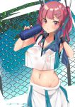  1girl :o armpits azur_lane bangs bare_shoulders blue_hair blue_sky blue_towel blush bottle breasts bremerton_(azur_lane) bremerton_(scorching-hot_training)_(azur_lane) chain-link_fence cleavage collared_shirt commentary_request cowboy_shot crop_top crop_top_overhang ear_piercing eyebrows_visible_through_hair fence green_skirt groin hair_ornament hairclip hand_up heart heart_necklace highres holding holding_bottle holding_towel kaeru_yuu large_breasts long_hair looking_at_viewer midriff mole mole_under_eye multicolored_hair navel navel_piercing piercing pink_eyes pink_hair see-through shirt sidelocks skirt sky sleeveless sleeveless_shirt solo sportswear standing streaked_hair sweat tennis_uniform towel tree twintails two-tone_hair two-tone_shirt two-tone_skirt water_bottle water_drop wet wet_clothes wet_shirt white_shirt white_skirt wristband x_hair_ornament 