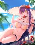  1girl bangs beach bikini blush braid breasts character_request choker cleavage cloud copyright_request flower food frills hair_flower hair_ornament hat highres ice_cream jewelry large_breasts leaf long_hair looking_at_viewer mouth_hold navel necklace obiwan palm_leaf purple_hair side_braid signature sky solo sun_hat swimsuit thigh_strap yellow_bikini yellow_eyes 