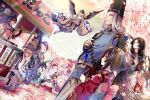  4boys 6+girls abe_no_seimei_(onmyoji) black_hair black_headwear blue_eyes bow character_request cherry_blossoms closed_eyes daitengu_(onmyoji) dango food hat japanese_clothes long_hair looking_back multiple_boys multiple_girls official_art onmyoji outdoors parasol ponytail sitting smile tate_eboshi uehara_(higanbachi) umbrella wagashi white_hair wide_sleeves wings ying_grass 