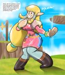  2016 alternate_species animate_inanimate blonde_hair blue_eyes breasts breath_of_the_wild english_text hair hi_res humanoid humanoid_pointy_ears hylian implied_transformation inflatable living_inflatable long_hair nintendo nozzle outside redflare500 rubber smile standing text the_legend_of_zelda video_games what 