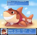  2018 alternate_species anthro anthro_to_inanimate brown_body brown_hair canid clothing english_text eyewear fish glasses gui hair inanimate_transformation inflatable mammal marine shark smile subakitsu text torn_clothing transformation zoro_(subakitsu) 
