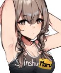  1girl alternate_costume arms_behind_back braid breasts brown_eyes brown_hair eyebrows_visible_through_hair kagurazaka_miyabi kantai_collection looking_at_viewer medium_breasts medium_hair pornhub shinshuu_maru_(kantai_collection) solo twin_braids 