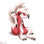  ambiguous_gender anthro black_claws black_nose canid canine claws eyes_closed fangs hair hi_res lycanroc mammal midnight_lycanroc nakios nintendo pawpads pok&eacute;mon pok&eacute;mon_(species) red_body scratching simple_background sitting solo toe_claws video_games white_background white_body white_hair 