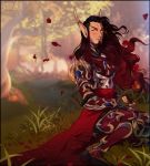  armor blizzard_entertainment blood_elf clothed clothing detailed_background digital_media_(artwork) elf facial_hair flower_petals grass hair hi_res humanoid humanoid_pointy_ears male outside petals plant sitting smile smooshkin solo tree video_games warcraft 