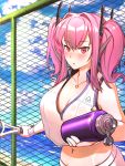  1girl :o azur_lane bangs bare_shoulders beach blue_sky blush bottle breasts bremerton_(azur_lane) bremerton_(scorching-hot_training)_(azur_lane) chain-link_fence cleavage cloud collarbone collared_shirt commentary crop_top crop_top_overhang day eyebrows_visible_through_hair fence grey_hair groin hair_between_eyes hair_intakes hair_ornament heart heart_necklace highres holding holding_bottle holding_racket large_breasts lens_flare long_hair looking_at_viewer midriff multicolored_hair navel navel_piercing no_mole ocean outdoors piercing pink_eyes pink_hair racket sand shirt sidelocks skirt sky sleeveless sleeveless_shirt solo sportswear standing streaked_hair tennis_racket tennis_uniform twintails two-tone_hair two-tone_shirt two-tone_skirt upper_body water_bottle wet wet_clothes wet_shirt white_shirt white_skirt yuking 