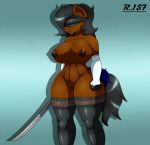  absurd_res anthro areola big_breasts blindfold breasts clothing equid equine female genitals hi_res horse katana legwear mammal melee_weapon mostly_nude nipples pony pussy renegade-157 solo sword thigh_highs weapon wide_hips yorha_2b 