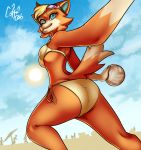  animal_crossing anthro audie_(animal_crossing) beach bikini blonde_hair blue_eyes blue_sky breasts canid canine canis clothing coffekitten eyewear female fur hair hi_res mammal multicolored_body nintendo orange_body orange_fur outside sand seaside simple_background sky smile sport sun sunglasses swimwear tan_body two_tone_body video_games volleyball wolf 