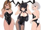  3girls animal_ears ass bangs bare_back bare_legs bare_shoulders black_hair blonde_hair blue_eyes blunt_bangs blunt_ends blush bow bowtie breasts brown_eyes brown_hair bunny_ears bunny_girl bunny_pose bunny_tail bunnysuit detached_collar earrings eyebrows_visible_through_hair fake_animal_ears fake_tail fishnets gin00 gradient_hair idolmaster idolmaster_shiny_colors izumi_mei jewelry large_breasts leotard long_hair mayuzumi_fuyuko medium_breasts mole mole_on_breast multicolored_hair multiple_girls serizawa_asahi short_hair silver_hair simple_background smile straylight_(idolmaster) tail tan thigh_gap thighs two_side_up white_background 