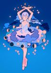  1girl armpits arms_up artist_name ballerina ballet bangs blue_background closed_eyes cloud crescent_moon dancing expressionless full_body full_moon gibbous_moon gradient gradient_background half_moon meyoco moon moon_phases new_moon original pink_footwear pointe_shoes purple_hair solo standing star 