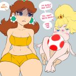  breasts cleavage clothed clothing dialogue female hi_res human larger_female lyn_nyl mammal mario_bros nintendo nipples not_furry nude princess_daisy princess_peach size_difference thick_thighs toad_(mario) video_games wide_hips 
