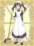  1girl alternate_costume arm_at_side black_footwear black_hair broom dress enmaided full_body glasses gloves grey_eyes kerberos_blade kurarin long_sleeves maid maid_headdress official_art puffy_long_sleeves puffy_sleeves shoes simple_background smile solo standing twintails white_gloves white_legwear yellow_background 