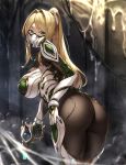  1girl ass back bangs blonde_hair bodysuit breasts elf green_eyes gun hair_ornament highres houtengeki large_breasts long_hair looking_at_viewer looking_back mask original parted_bangs pointy_ears ponytail sidelocks solo thighs weapon 