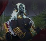  3_fingers black_body black_skin blizzard_entertainment blue_eyes blue_sclera detailed_background fingers hair horn male muscular muscular_male nipple_piercing nipples piercing raining scales smooshkin teeth tusks video_games warcraft zandalari_troll 