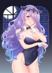  1girl banglinh1997 black_leotard black_neckwear bow bowtie breasts camilla_(fire_emblem) cleavage cowboy_shot detached_collar eyes_visible_through_hair fire_emblem fire_emblem:_three_houses fire_emblem_fates full_moon hair_over_one_eye hand_on_own_face highres large_breasts leotard long_hair looking_at_viewer moon night night_sky playboy_bunny_leotard purple_eyes purple_hair sky smile solo strap_slip tiara very_long_hair wavy_hair window 