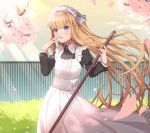  1girl blonde_hair broom bush cherry_blossoms cowboy_shot fence frilled_hairband frills goma_(u_p) gradient_eyes gradient_sky hairband hand_on_own_cheek holding holding_broom juliet_sleeves kougei_ciel_nana light_rays long_hair long_sleeves maid_dress multicolored multicolored_eyes open_mouth petals puffy_sleeves sky sound_voltex sunbeam sunlight very_long_hair yellow_sky 
