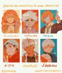  1girl 5boys bangs blonde_hair braid character_name check_character check_copyright choker collarbone ctrl_zen english_text haikyuu!! hair_between_eyes hanazawa_teruki heart highres hood hood_down hoodie hunter_x_hunter kanroji_mitsuri killua_zoldyck kimetsu_no_yaiba kita_shinsuke long_hair looking_at_viewer mammon_(obey_me!) mob_psycho_100 multiple_boys necktie parted_lips pink_hair shall_we_date?:_obey_me! short_hair six_fanarts_challenge smile sparkle striped striped_neckwear sunglasses susanghan_messenger tongue tongue_out twin_braids unknown_(susanghan_messenger) v white_hair 