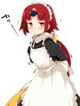  1girl :o alternate_costume apron arms_behind_back bangs benienma_(fate/grand_order) blush chata_maru_(irori_sabou) commentary_request enmaided eyebrows_visible_through_hair fate/grand_order fate_(series) highres horn long_hair long_sleeves looking_at_viewer low_ponytail maid maid_apron maid_dress maid_headdress open_mouth puffy_sleeves red_eyes red_hair ribbon simple_background solo very_long_hair white_background yellow_ribbon 