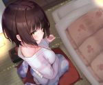  1girl blurry blurry_background blush breasts bright_pupils brown_hair depth_of_field eyebrows_visible_through_hair floral_print from_above futon highres japanese_clothes kimono looking_at_viewer medium_breasts mimikaki original reinama seiza short_hair sitting solo tatami tongue tongue_out white_legwear white_pupils yellow_eyes 