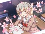  1girl ;d arm_rest bang_dream! bangs blonde_hair blurry blush book brown_dress chair cheek_rest cherry_blossoms classroom commentary_request depth_of_field desk double-breasted dress eyebrows_visible_through_hair falling_petals hair_between_eyes half_updo hanasakigawa_school_uniform highres lens_flare long_hair long_sleeves looking_at_viewer neck_ribbon one_eye_closed open_book open_mouth purple_eyes red_neckwear red_ribbon reneua ribbon sailor_collar sailor_dress school_chair school_desk school_uniform shirasagi_chisato sidelocks sitting smile solo sparkle twitter_username upper_body white_sailor_collar 