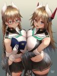  2girls azur_lane bangs between_breasts black_legwear blush book braid breast_press breasts brown_hair detached_sleeves eyebrows_visible_through_hair furutaka_(azur_lane) glasses gloves hair_between_eyes headgear highres holding holding_book kako_(azur_lane) large_breasts long_hair multiple_girls necktie necktie_between_breasts oekakizuki open_mouth pleated_skirt red-framed_eyewear retrofit_(azur_lane) sailor_collar signature skirt thighhighs twin_braids white_gloves wide_sleeves 