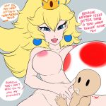  big_breasts bodily_fluids breasts dialogue female genital_fluids hi_res human larger_female lyn_nyl mammal mario_bros nintendo nipples not_furry nude princess_peach pussy_juice size_difference toad_(mario) video_games 