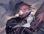  1girl arknights beret bird black_cloak brown_hair cloak closed_mouth commentary_request eyebrows_visible_through_hair falcon gloves green_gloves hat looking_to_the_side multicolored_hair orange_eyes plume_(arknights) sasa_onigiri short_hair solo two-tone_hair upper_body 