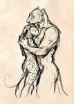  anthro digital_media_(artwork) duo felid female female/female hug leopard lion mammal maquenda monochrome nude open_mouth pantherine simple_background size_difference sketch standing 