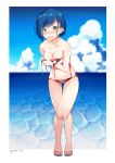  1girl bare_legs bare_shoulders bikini blue_hair blue_sky blush breasts cleavage cloud cloudy_sky collarbone covering covering_breasts darling_in_the_franxx embarrassed english_commentary esencey eyebrows_visible_through_hair full_body green_eyes hair_ornament highres ichigo_(darling_in_the_franxx) leaning_forward looking_at_viewer medium_breasts midriff navel ocean open_mouth outdoors red_bikini sandals short_hair side-tie_bikini signature sky solo standing striped striped_bikini swimsuit thigh_gap thighs untied untied_bikini wardrobe_malfunction white_bikini white_footwear 