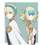  1boy 1girl absurdres armlet artist_request back-to-back backless_outfit black_shirt blonde_hair border breasts brother_and_sister castor_(fate/grand_order) closed_mouth collar diadem fate/grand_order fate_(series) grey_background highres looking_at_viewer medium_hair metal_collar parted_lips pauldrons pollux_(fate/grand_order) purple_eyes shirt short_hair siblings small_breasts smile twins white_border white_robe 