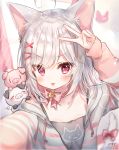  &gt;:p 1girl animal_ears animal_print breasts camisole cat_ears cat_print cat_tail highres hood hood_down hoodie long_sleeves looking_at_viewer manao-ke manao_misuzu manao_misuzu_(artist) medium_hair red_eyes self_shot small_breasts tail tongue tongue_out v virtual_youtuber 