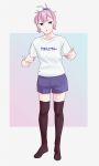 1girl alternate_costume aoba_(kantai_collection) black_legwear blue_eyes clothes_writing full_body gradient gradient_background highres kantai_collection looking_at_viewer ojipon pointing pointing_at_self ponytail purple_hair purple_shorts scrunchie shirt shorts solo standing t-shirt thighhighs white_shirt 