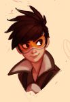 1girl absurdres bomber_jacket brown_eyes brown_hair carlos_eduardo goggles harness highres jacket lips looking_to_the_side overwatch popped_collar profile short_hair smile spiked_hair tan_background tracer_(overwatch) 