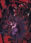  back bare_shoulders blurry blurry_background dated demon_girl detached_sleeves floating_hair holding holding_scythe holding_weapon horns huge_weapon indoors long_hair monochrome original rabbit_monster red_eyes red_theme scythe weapon window 