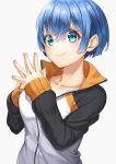  1girl alternate_costume black_jacket blue_eyes blue_hair breasts collarbone commentary_request cosplay daikichi_(artist) eyebrows_visible_through_hair hair_ornament hair_over_one_eye hands_together highres jacket looking_at_viewer natsuki_subaru natsuki_subaru_(cosplay) re:zero_kara_hajimeru_isekai_seikatsu rem_(re:zero) short_hair simple_background sleeves_past_wrists solo upper_body white_background white_jacket 