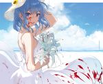  blood blue_eyes blue_hair clouds cropped dress flowers hat hewsack hololive hoshimachi_suisei short_hair signed sky summer_dress wristwear 