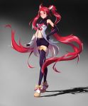  1girl absurdres bare_shoulders belt black_gloves black_legwear blush closed_mouth elbow_gloves fingerless_gloves fingernails gloves gradient gradient_background hand_on_hip highres jinx_(league_of_legends) league_of_legends long_fingernails long_hair navel nose_blush red_eyes red_hair solo standing star star_guardian_(league_of_legends) star_guardian_jinx thighhighs turtleneck twintails very_long_hair white_footwear yuji_yaguchi 