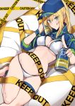  1girl absurdres ahoge artoria_pendragon_(all) baseball_cap bikini blonde_hair blue_eyes blue_headwear blush breasts can caution_tape cleavage commentary_request eyebrows_visible_through_hair fate/grand_order fate_(series) hair_between_eyes hair_through_headwear hat highres holding holding_can keep_out large_breasts long_finger long_hair looking_at_viewer lying mysterious_heroine_xx_(foreigner) nanakaku navel ponytail shrug_(clothing) side-tie_bikini smile solo swimsuit thigh_strap tongue tongue_out translation_request white_bikini 