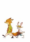  2017 anthro awa_mogu bottomwear brown_body brown_fur canid canine clothing comic disney duo eyes_closed fox fur grey_body grey_fur hat headgear headwear judy_hopps lagomorph leporid mammal necktie nick_wilde pants rabbit red_fox shirt simple_background topwear walking white_background zootopia 